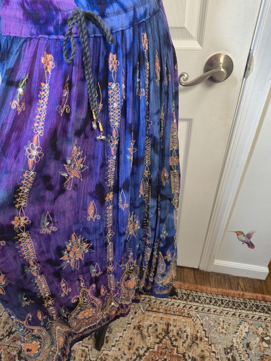 Bohemian Tie Dye Rayon Maxi Skirt with Gold Accents & Sequins - O/S - Picture 3 of 6